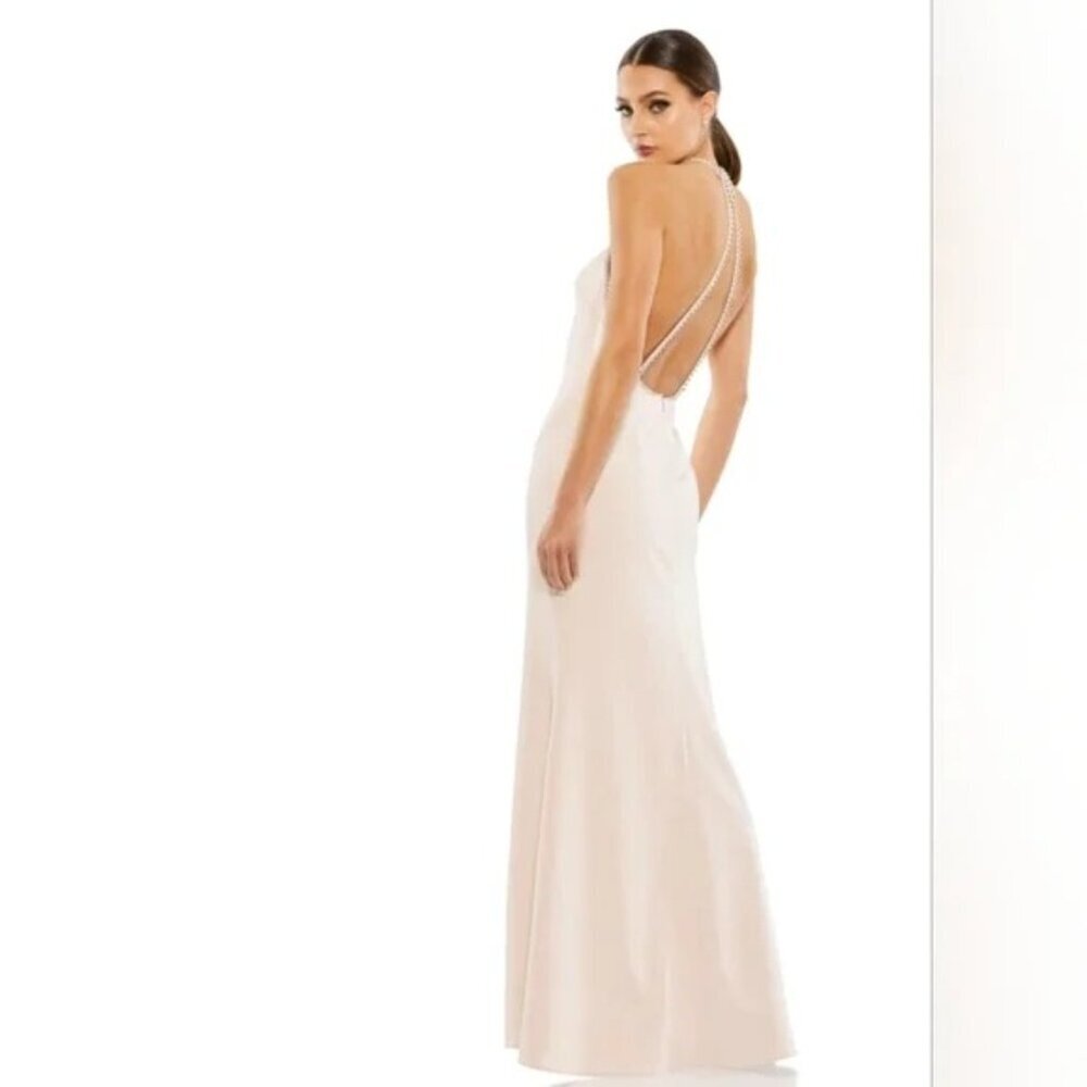 NWT Mac Duggal 26580 Rhinestone Halter Column Gown Porcelain Maxi Dress Size 14 - Picture 2 of 7